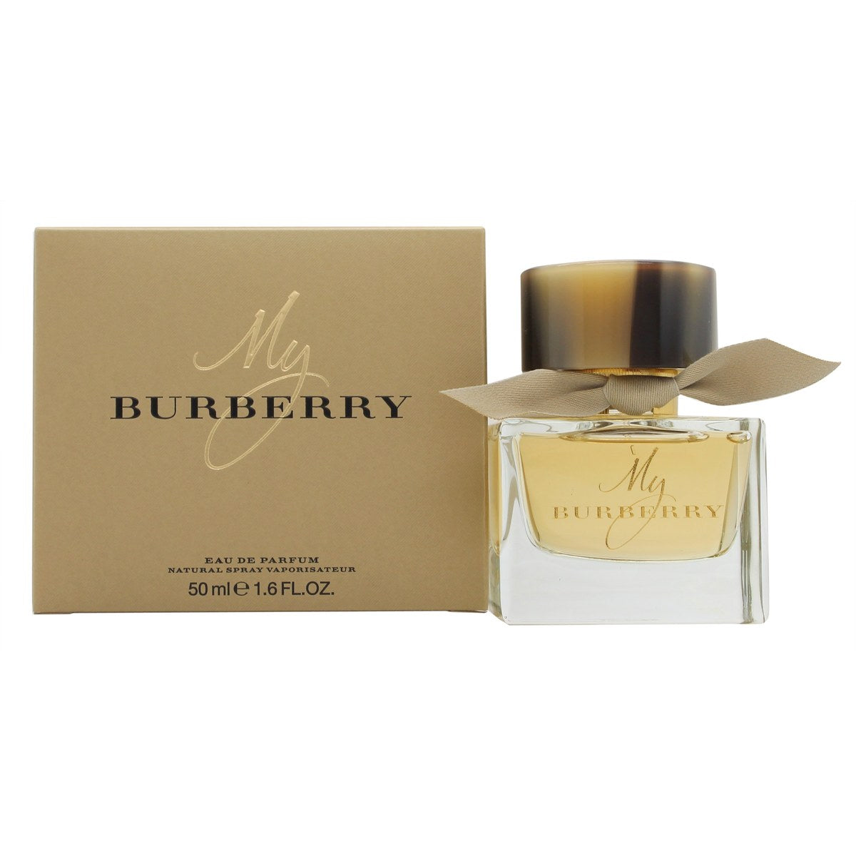 My Burberry Eau De Parfum, Burberry, 50 ml – klar rektangulær glasflaske med ravfarvet indhold, guldkapsel og beige sløjfe