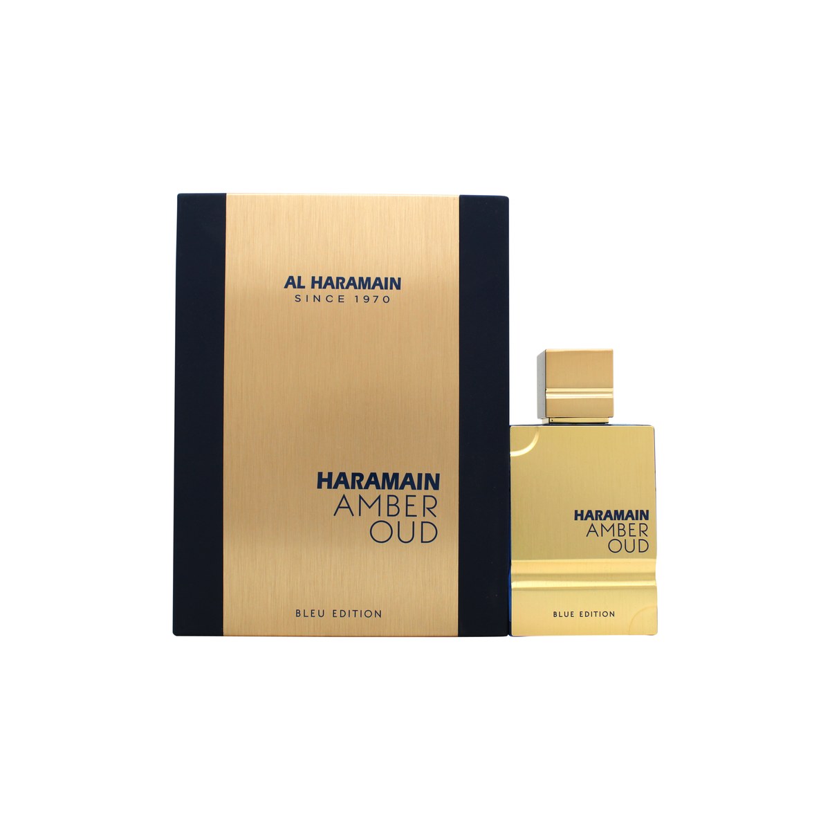 Amber Oud Blue Edition Eau De Parfum Al Haramain 60 ml blå rektangulær glasflaske med gyldne detaljer og mørk hætte