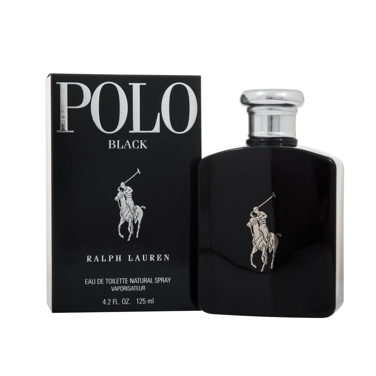 Ralph Lauren Polo Black Eau de Toilette 125 ml, mat sort firkantet flakon med sølvlogo og sølvprop.