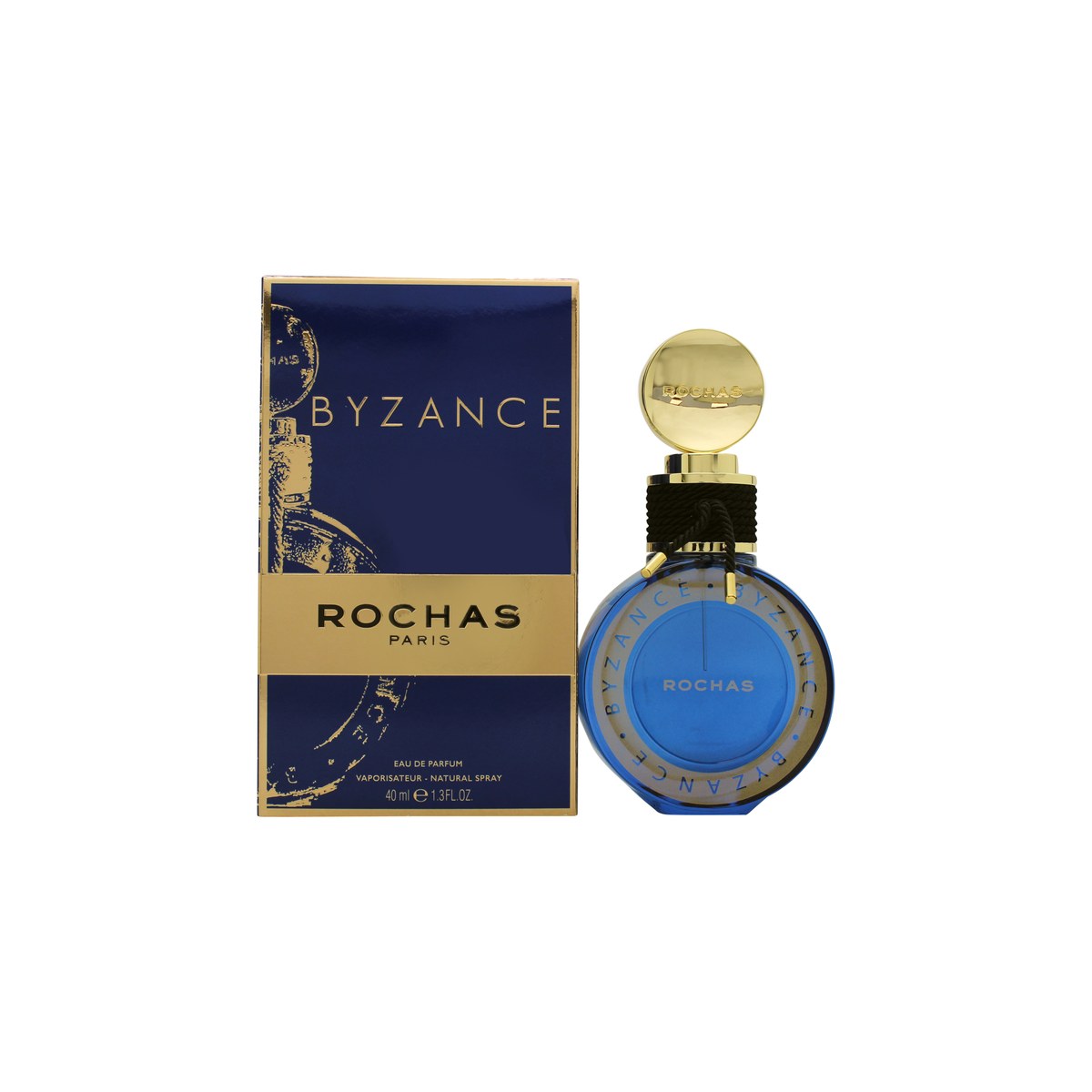 Rochas Byzance (2019) Eau de Parfum 40 ml, Rochas – rund mørkeblå glasflakon med gylden kuppelhætte og dekorativ snor