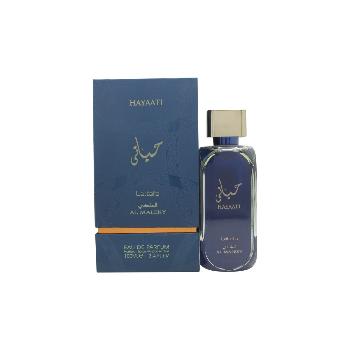 Lattafa Hayaati Al Maleky Eau de Parfum 100ml, Lattafa 100 ml – sort rektangulær flakon med gulddetaljer og sort låg