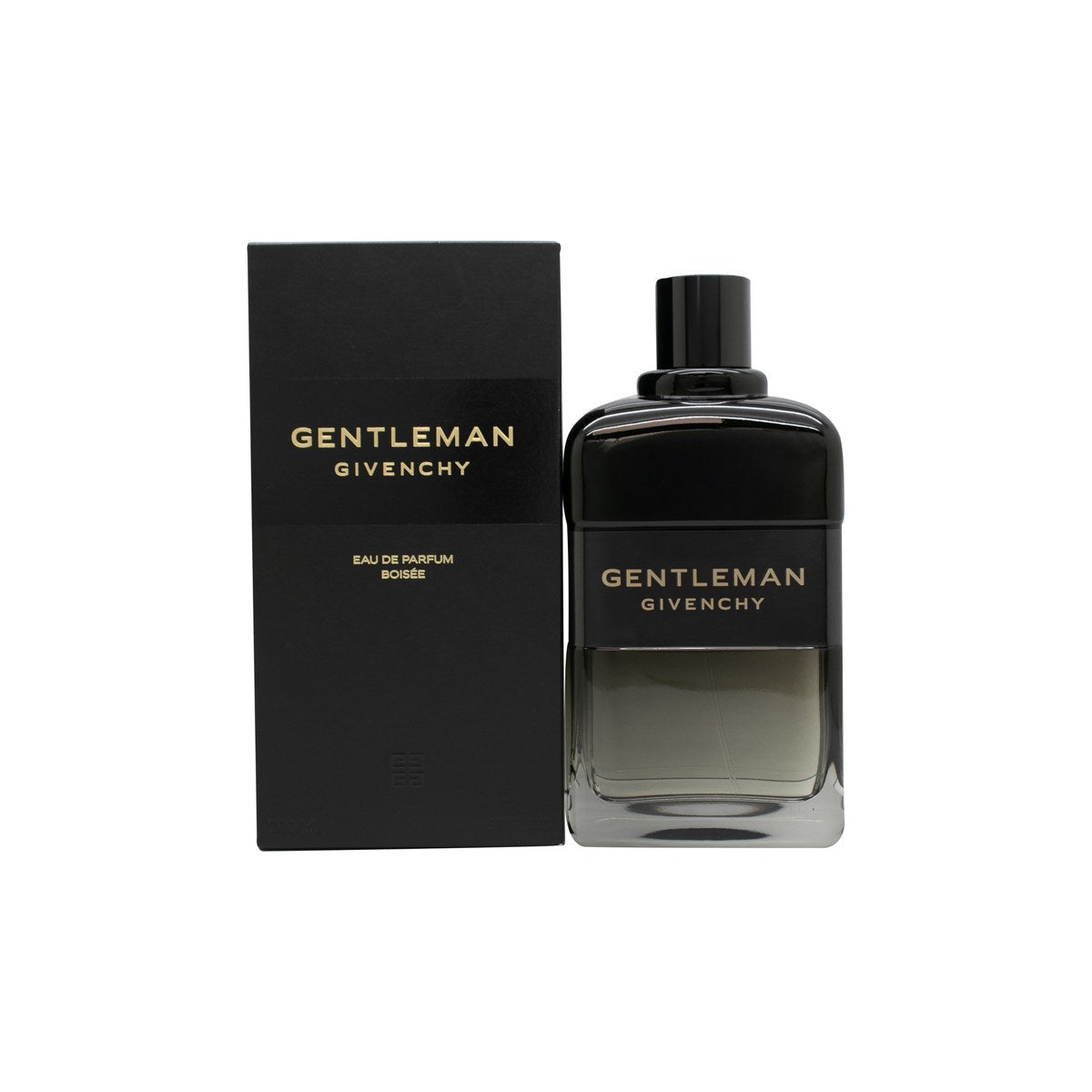 Gentleman Boisée Eau De Parfum Givenchy 200 ml, firkantet mørk glasflaske med sort låg og dekorativt træbånd