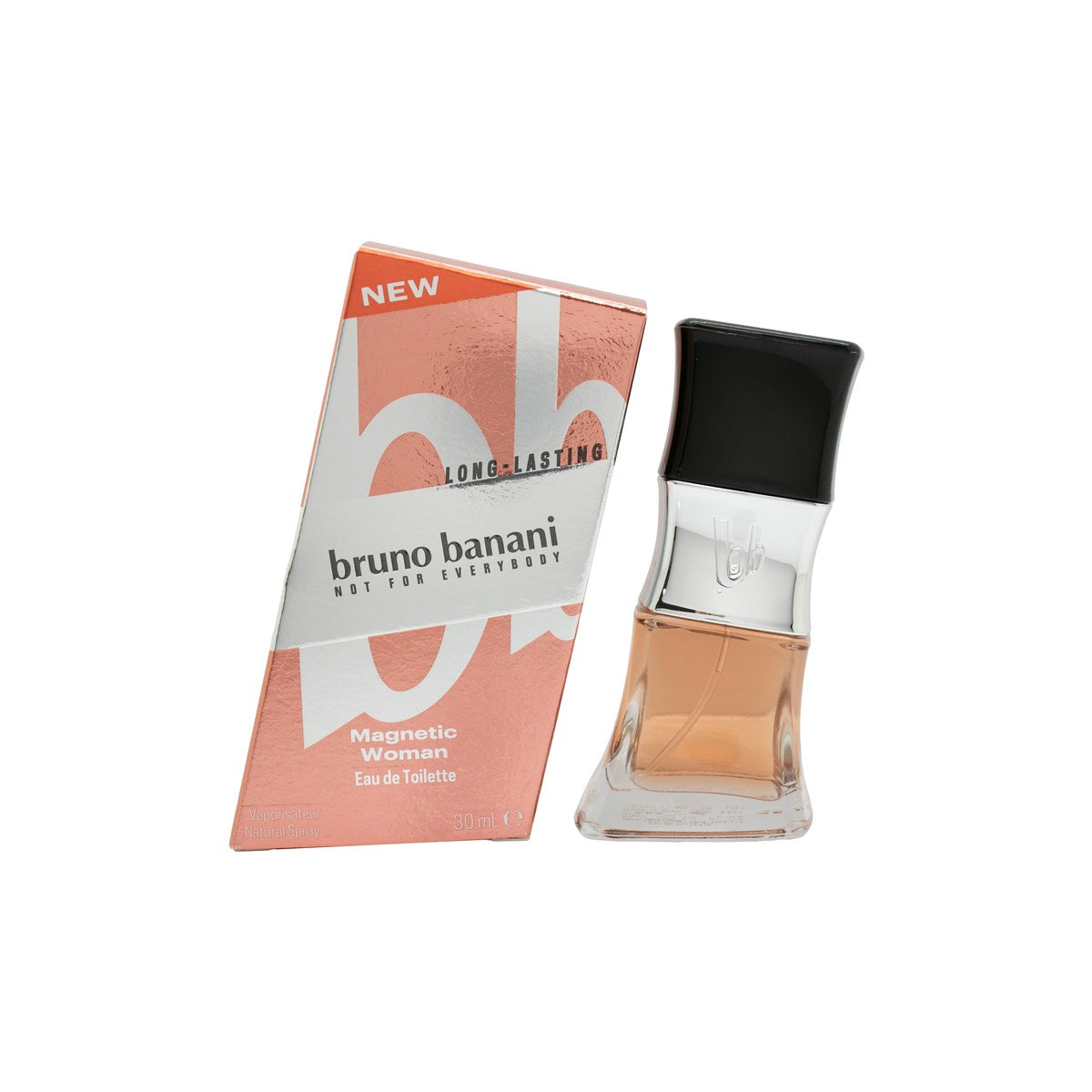 Bruno Banani Magnetic Woman Eau de Toilette 30 ml i buet pink‑lilla glasflakon med sølvfarvet låg og enkelt design.