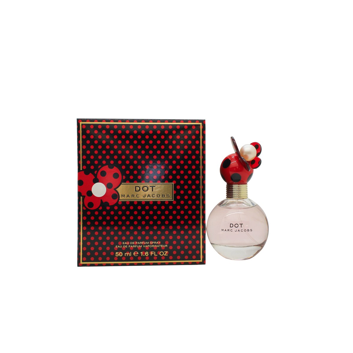 Marc Jacobs Dot Eau de Parfum 50 ml fra Marc Jacobs i rund rød flakon med sorte prikker og blomsterlåg i sort og guld
