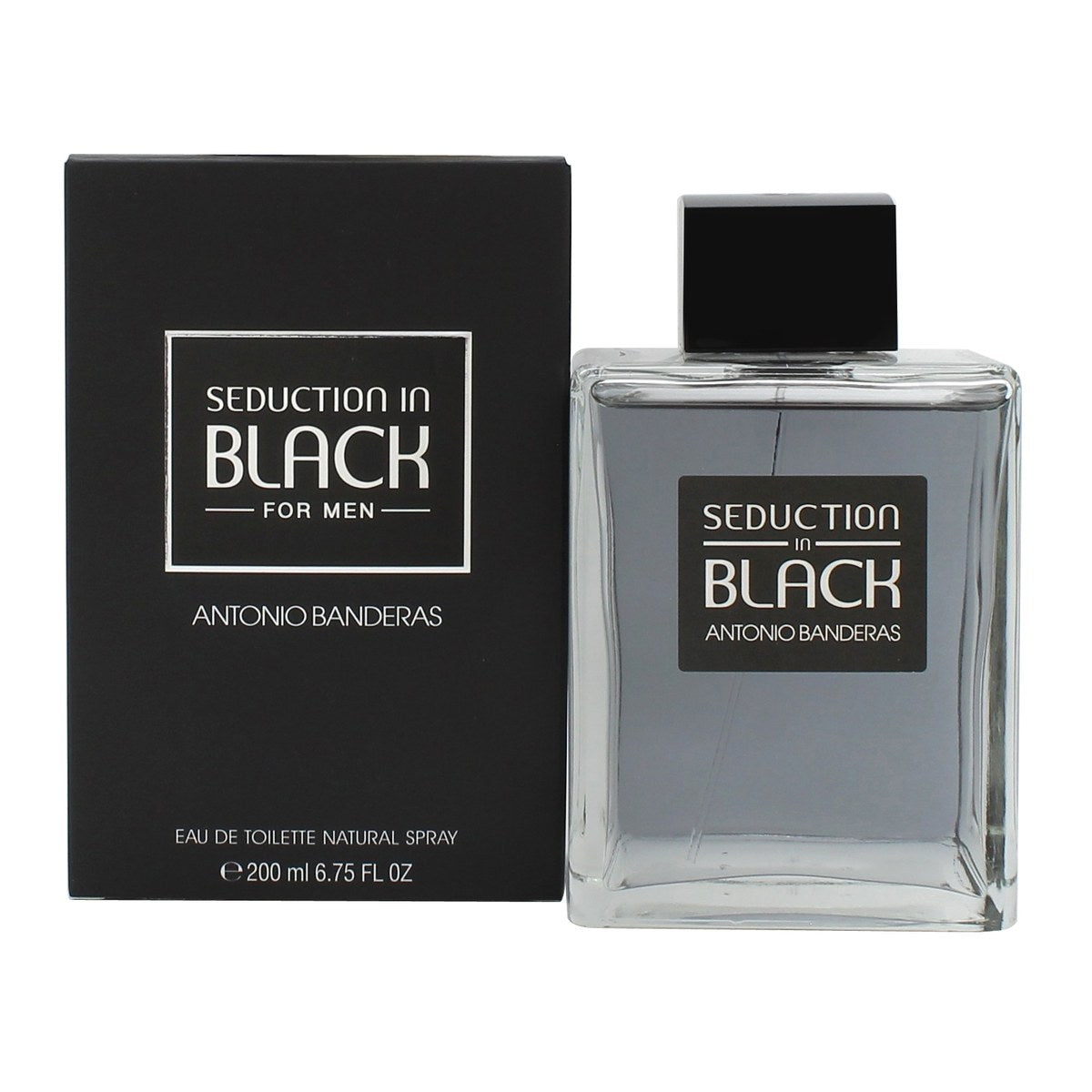 Antonio Banderas Seduction In Black Eau de Toilette 200 ml, sort rektangulær glasflaske med mørk front og sølv låg
