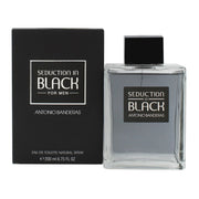 Antonio Banderas Seduction In Black Eau de Toilette 200 ml, sort rektangulær glasflaske med mørk front og sølv låg