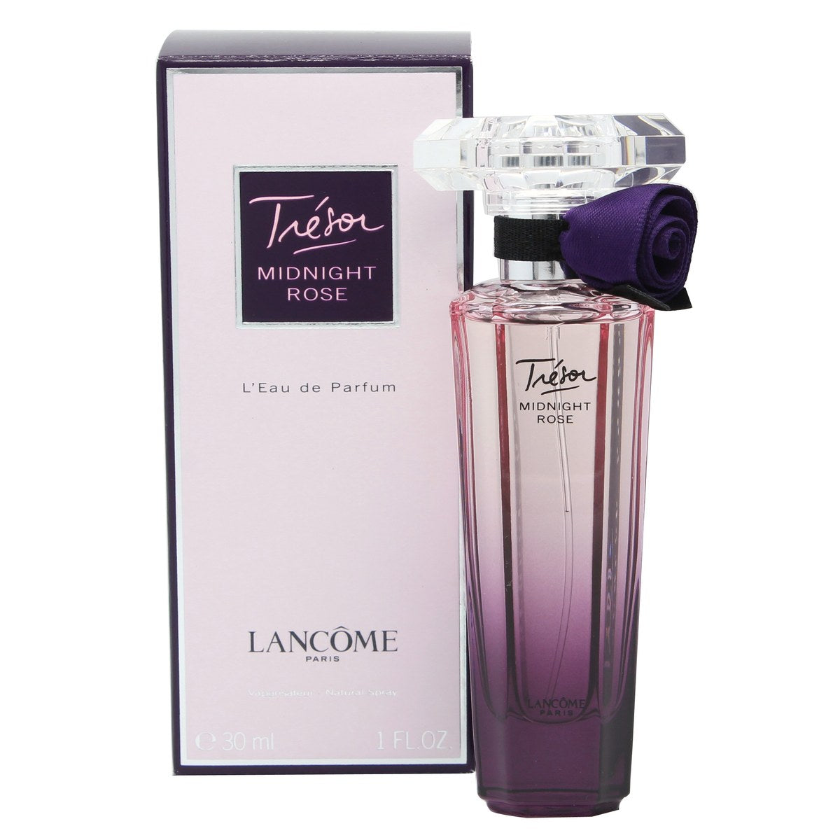 Lancome Tresor Midnight Rose Eau de Parfum, Lancôme, 30 ml – lilla facetslebet flakon med sort roseformet hætte og blød glød