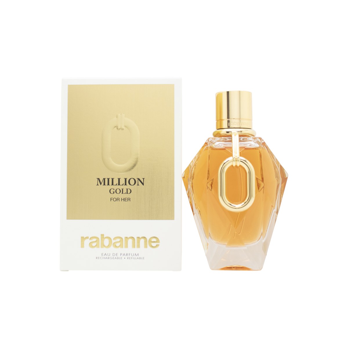 Million Gold For Her Parfum Eau De Parfum Rabanne 90 ml, gylden facetteret flakon med metallisk glans og elegant design