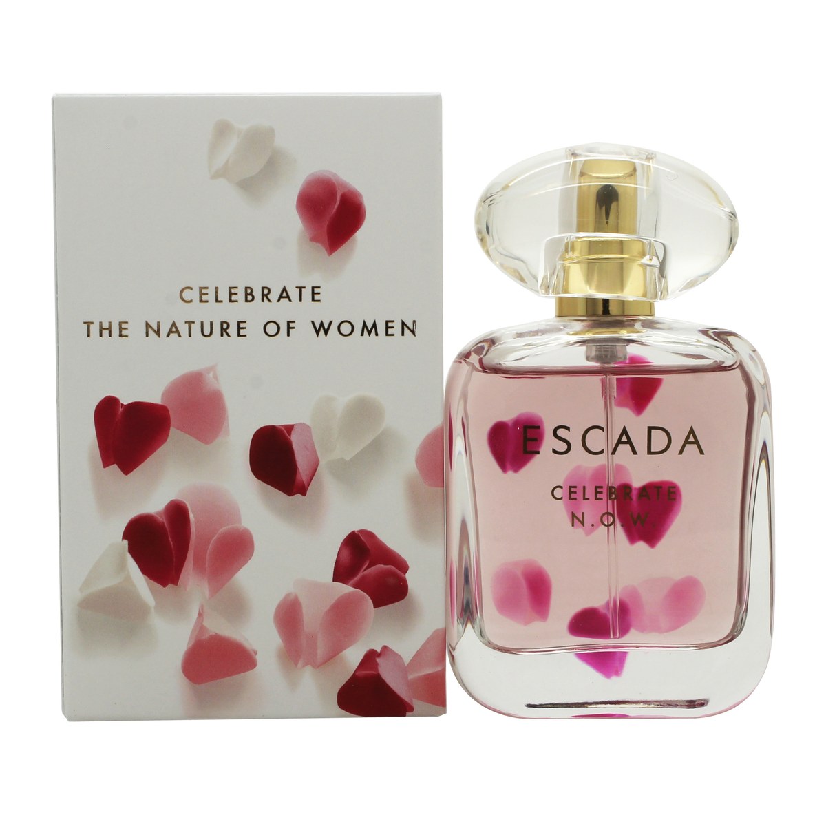 Celebrate N.O.W. Eau De Parfum Escada 50 ml, koralrosa flakon i klart glas med udskåret blomsterdesign og guldfarvet låg.