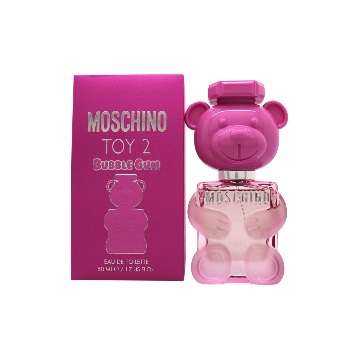 Toy 2 Bubble Gum Eau De Toilette, Moschino 50 ml, lyserød bamseformet parfumeflaske med blank finish og legende udtryk.