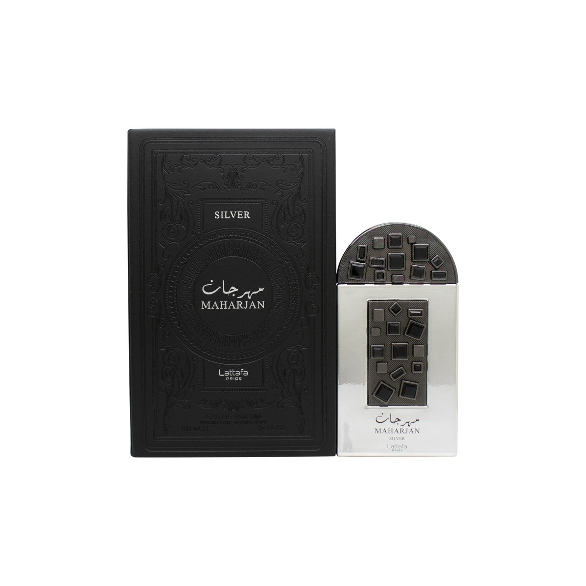 Lattafa Maharjan Silver Eau De Perfume 100 ml fra Lattafa i sølvflakon med spejlblank finish og præget ornamentik