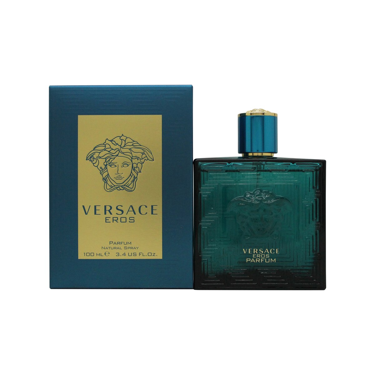 Versace Eros Parfum Parfum 100ml fra Versace i 100 ml flakon, turkis glas med gyldent Medusa-emblem og kantet design.