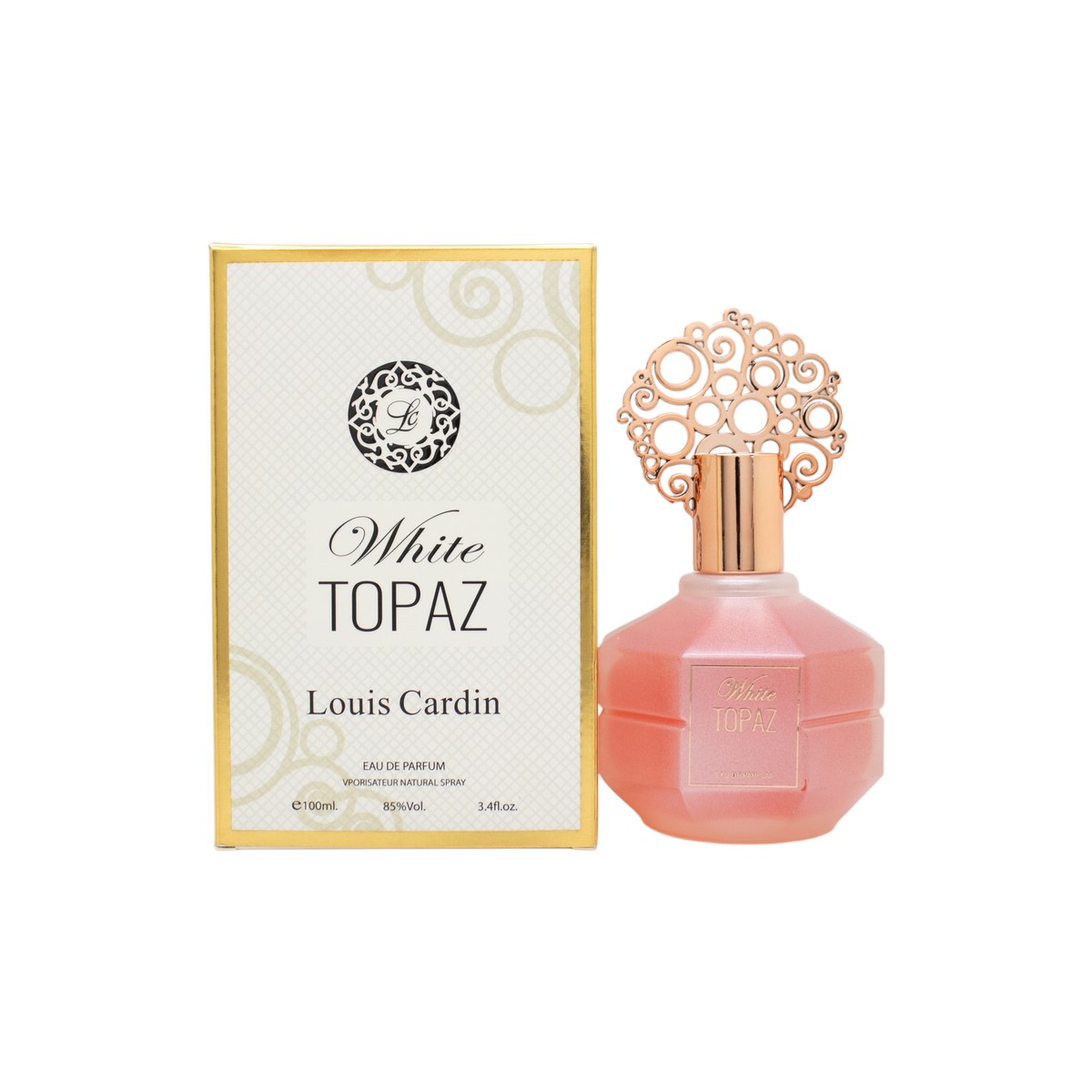 Louis Cardin White Topaz Eau de Parfum 100 ml – klar glasflaske med sølvhals og hvidt låg, rent og enkelt design