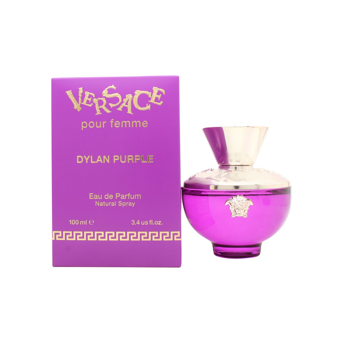 Versace Pour Femme Dylan Purple Eau de Parfum 100 ml fra Versace i buet lilla glasflaske med guldkap og Medusa-logo