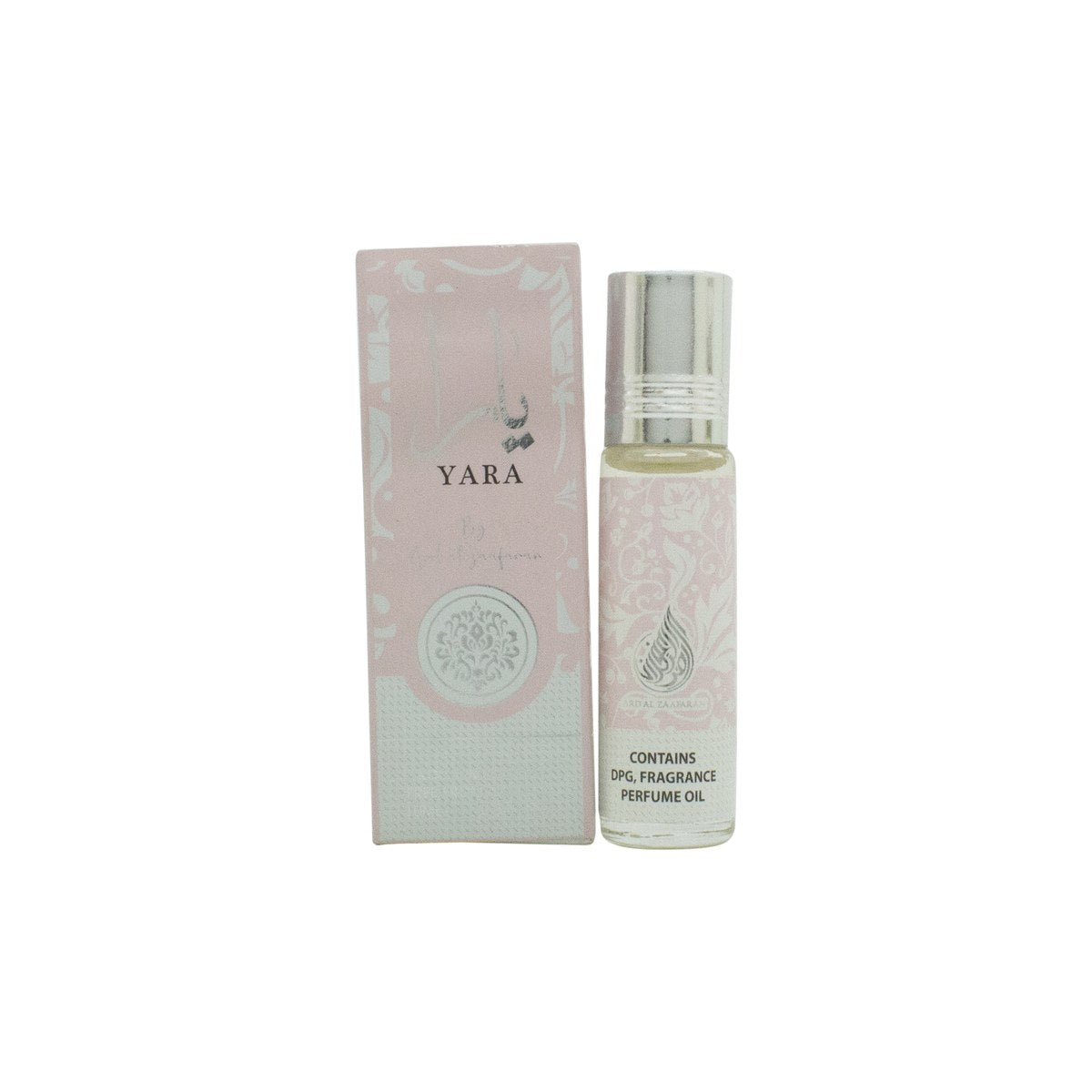 Lattafa Yara Rollerball 10ml, Lattafa, 10 ml – lyserød cylindrisk glasflaske med sølvfarvet kuglerulle og låg.