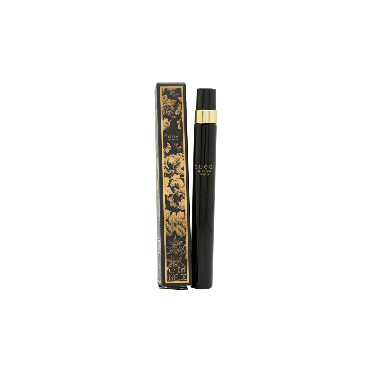 Gucci Bloom Parfum 10ml, Gucci, 10 ml – klar pink glasflaske med sort kant og gylden etiket, kompakt og firkantet design