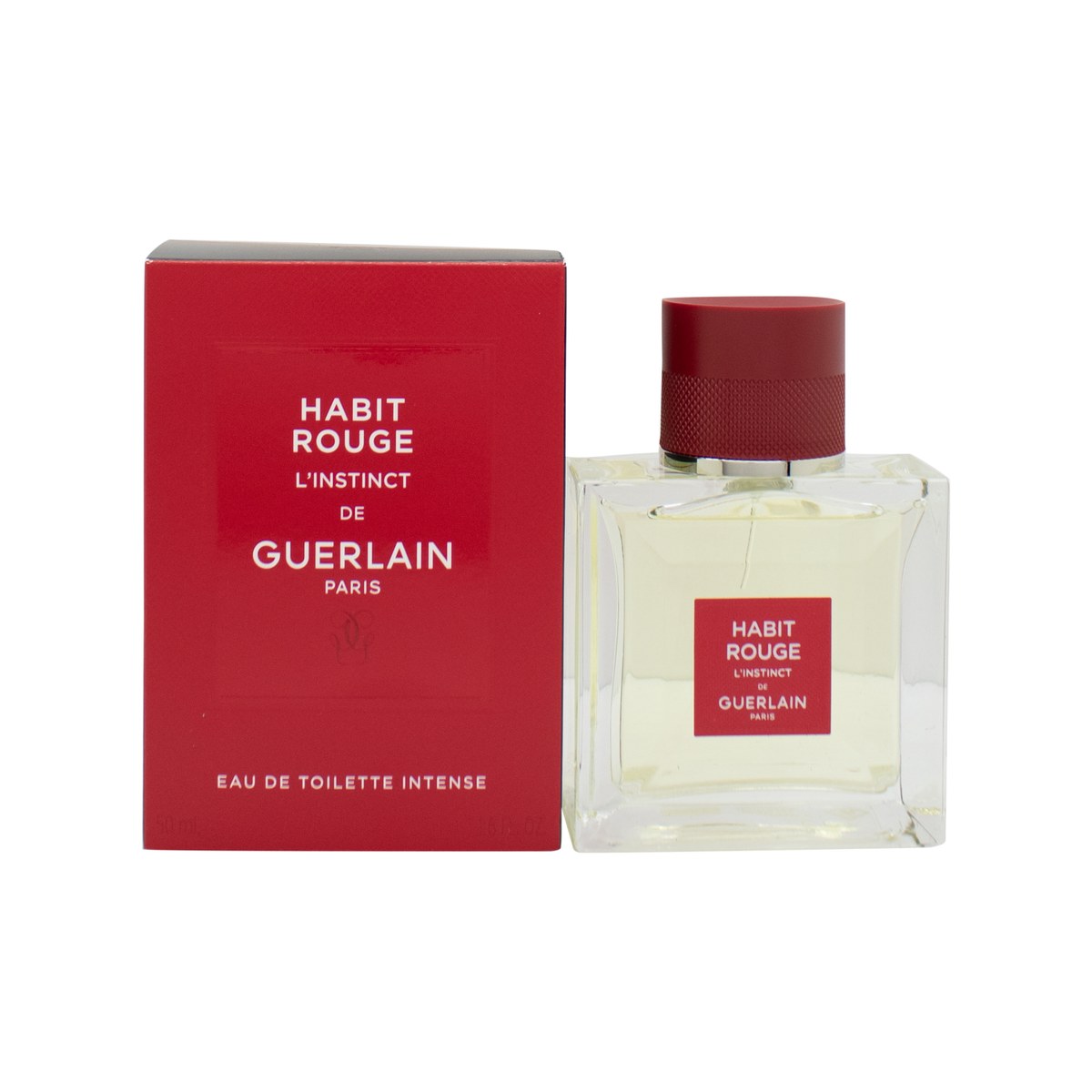 Guerlain Habit Rouge L'Instinct Eau de Toilette Intense, Guerlain, 50 ml – rød glasflaske med sort kant og sort firkantet låg