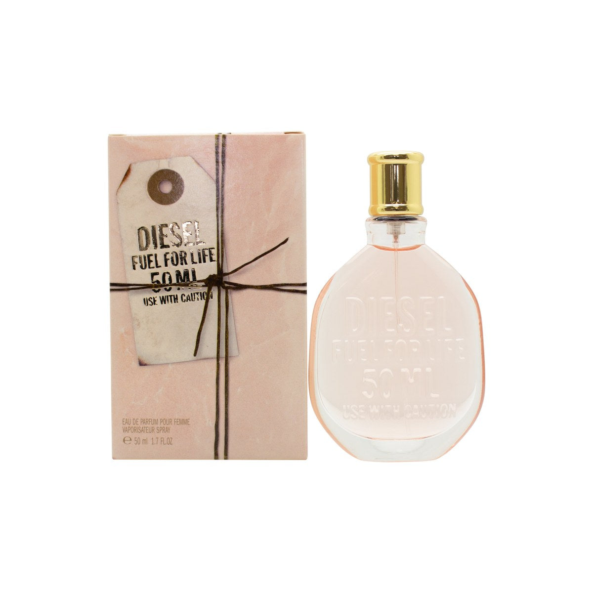 Diesel Fuel For Life Eau de Parfum 50 ml, Diesel – klar glasflaske med lilla duft og beige stofnet