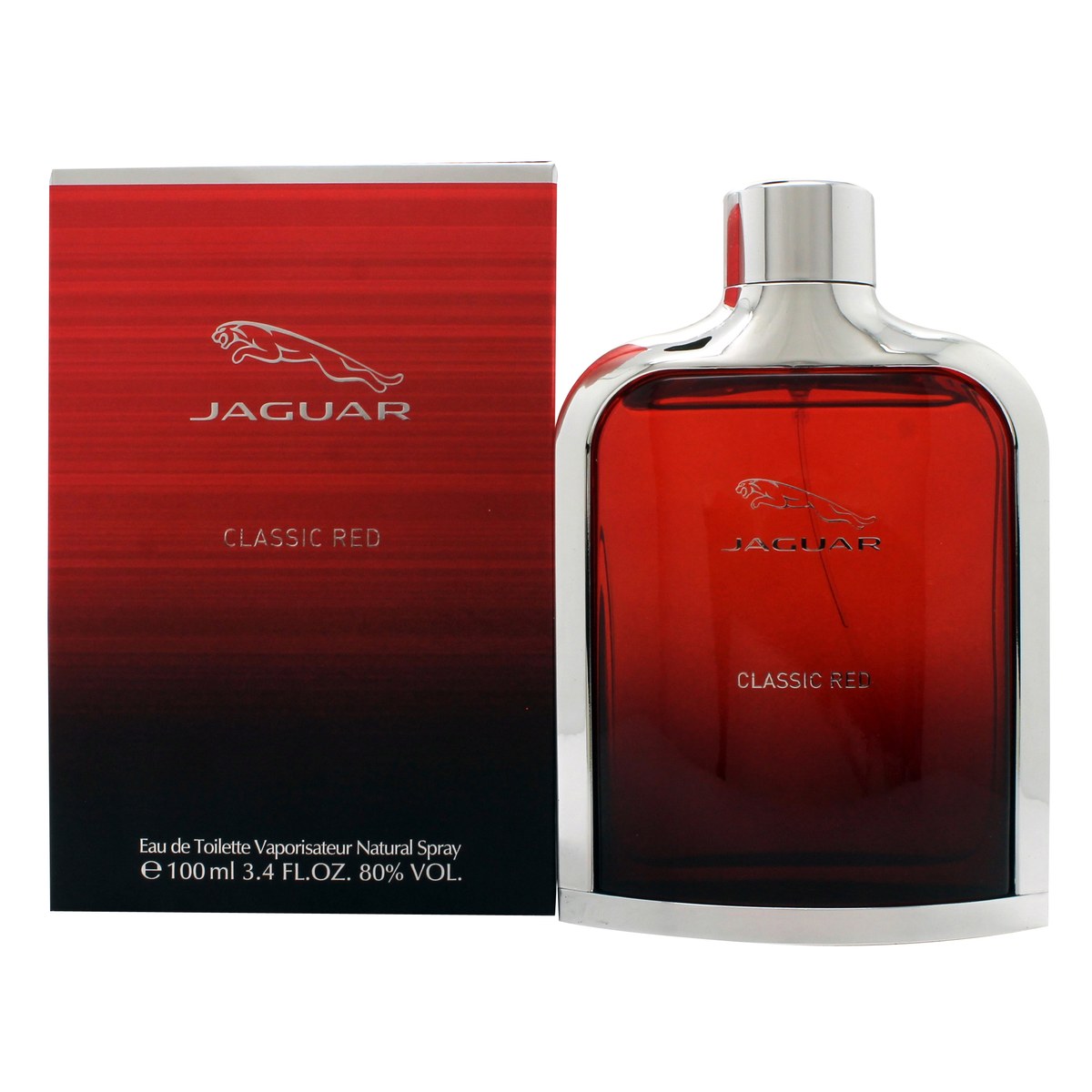 Jaguar Classic Red Eau De Toilette, Jaguar 100 ml, rød transparent flaske med firkantet form og sølvfarvet låg