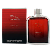 Jaguar Classic Red Eau De Toilette, Jaguar 100 ml, rød transparent flaske med firkantet form og sølvfarvet låg