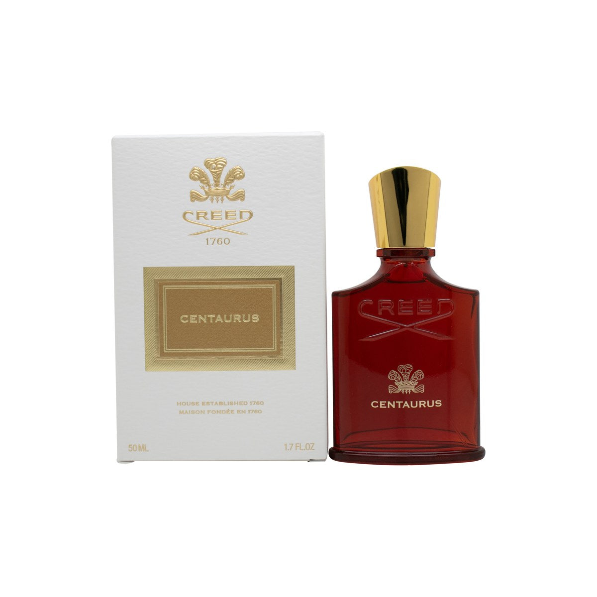 Creed Centaurus Eau de Parfum, Creed, 50 ml – ravfarvet glasflaske med buede skuldre, gyldent låg og klassisk etiket.