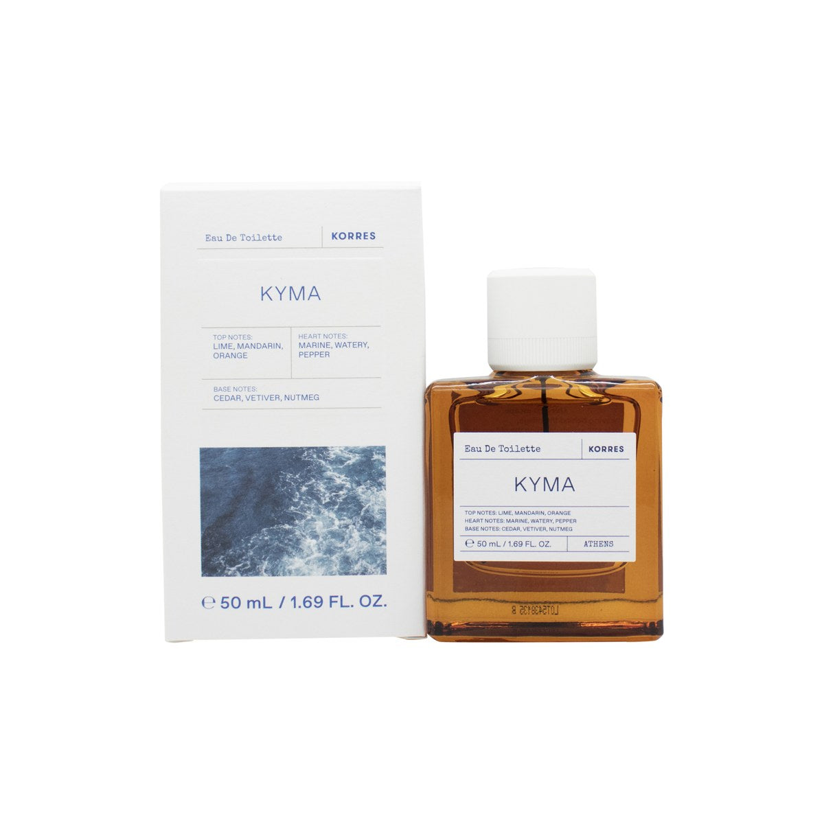 Korres Kyma Eau de Toilette 50ml – klar rektangulær glasflaske med lyseblå væske og sort minimalistisk låg