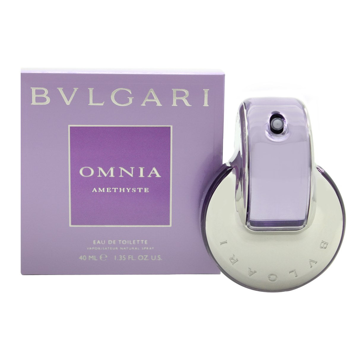 Bvlgari Omnia Amethyste Eau De Toilette 40 ml flaske i lys lavendelfarvet glas med rund, dobbeltringet form og sølvdetaljer