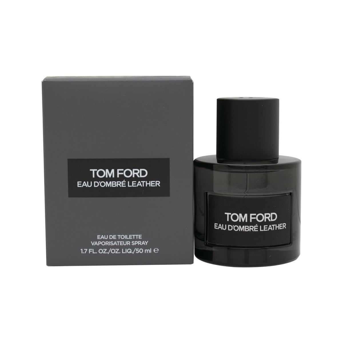 Tom Ford Eau D'Ombré Leather Eau De Toilette, Tom Ford 50 ml, mat sort rektangulær flakon med cylindrisk låg og beige etiket.