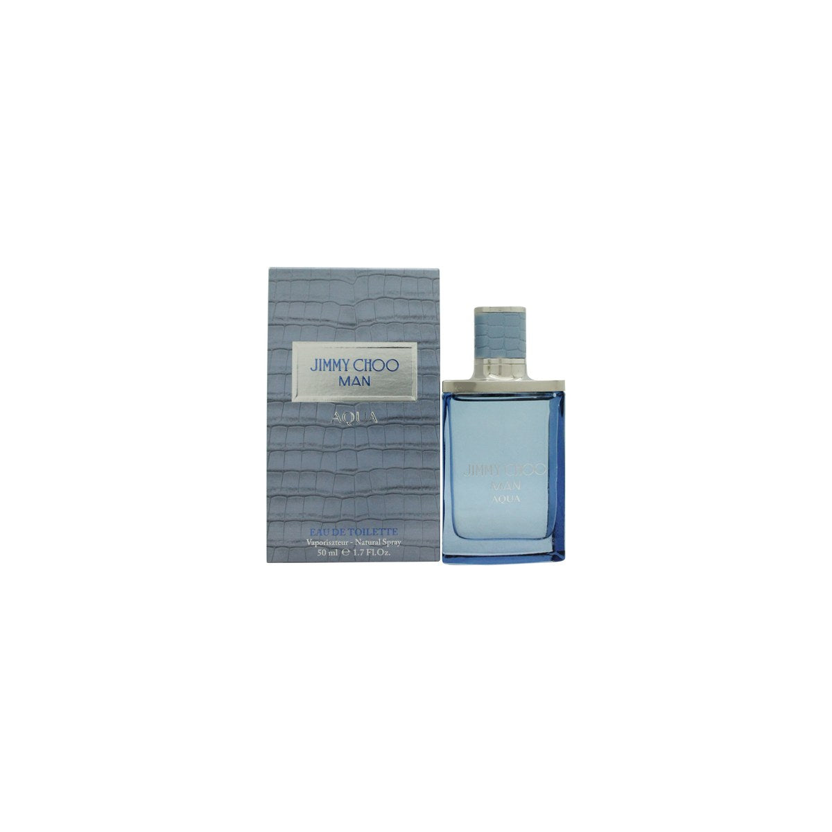 Jimmy Choo Man Aqua Eau De Toilette 50 ml, Jimmy Choo, blå glasflaske med rene linjer og kromfarvet tekstureret låg