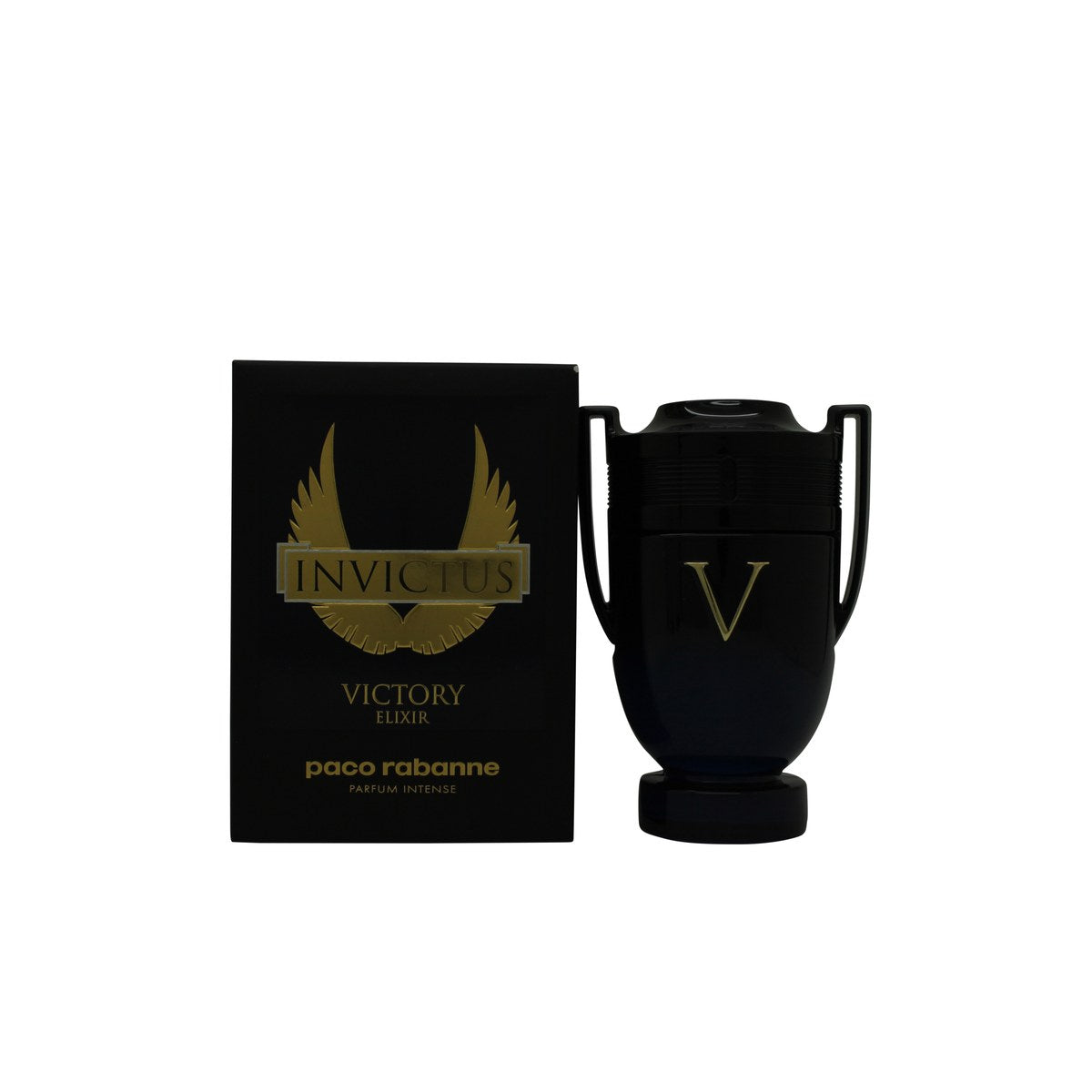Paco Rabanne Invictus Victory Elixir Eau de Parfum 100 ml – mørkebrun trofæformet flaske med sort gradient og blankt V-logo