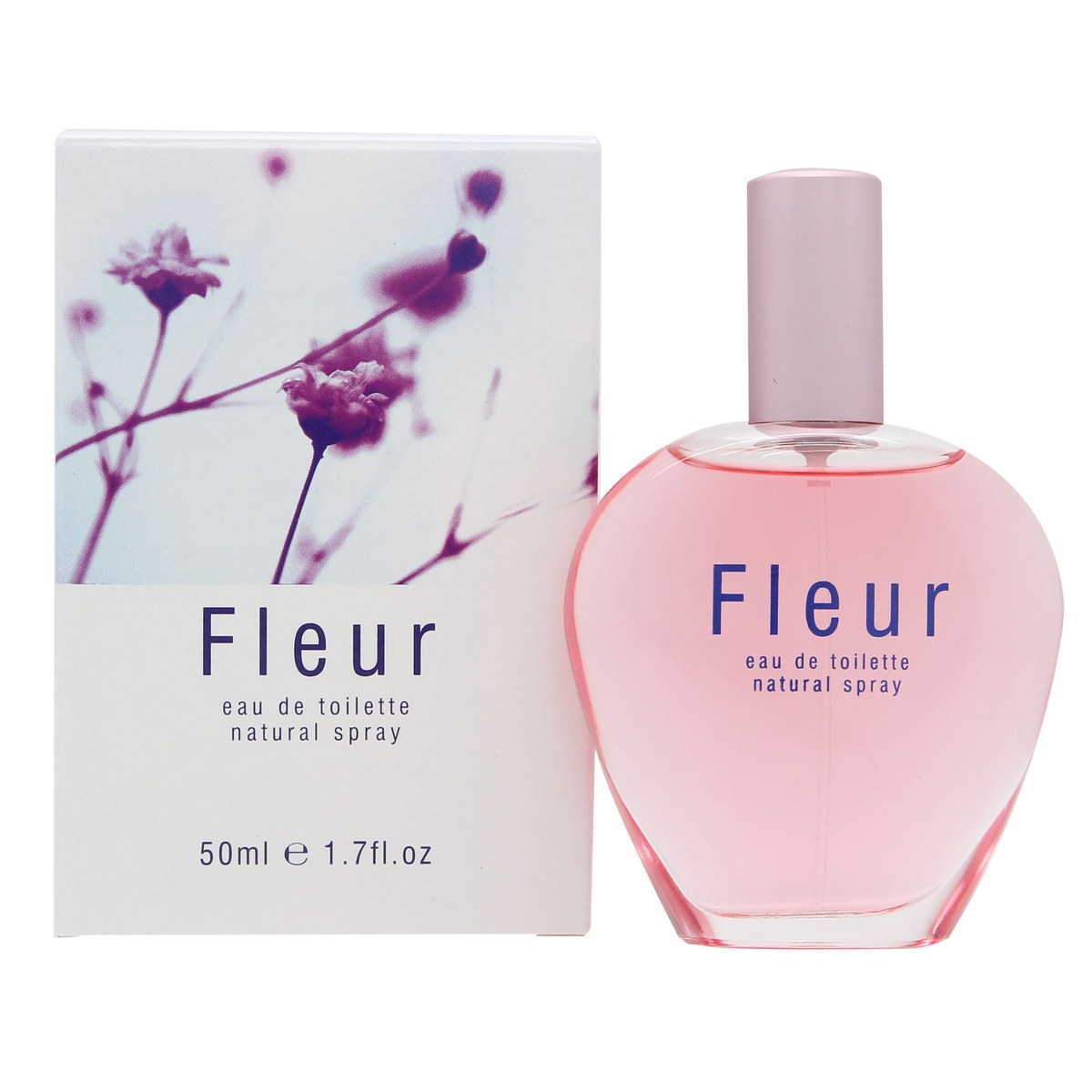 Mayfair Fleur Eau de Toilette, Mayfair, 50 ml – klar glasflaske med lyserød duft og sølvfarvet låg i enkelt design