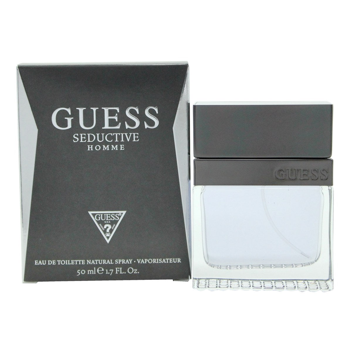 Guess Guess Seductive Homme Eau de Toilette 50 ml, mørkeblå rektangulær flakon i riflet glas med sølvlogo og sort låg