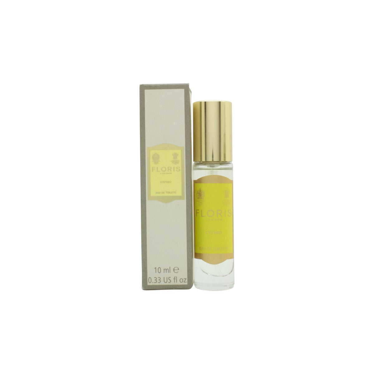 Floris Cefiro Eau de Toilette 10 ml – klar glasflaske med sølvfarvet kork og lyseblå etiket i klassisk, enkelt design