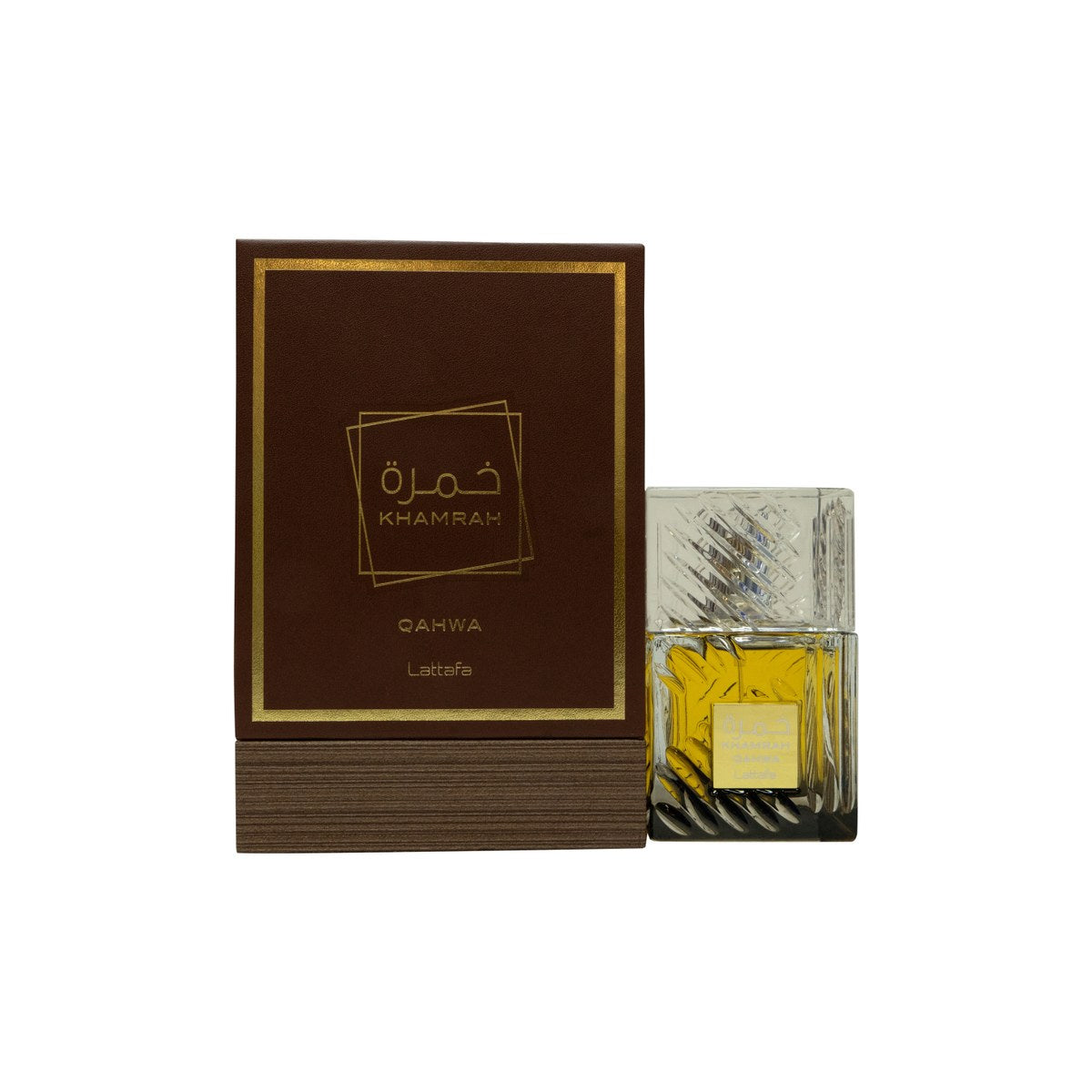 Lattafa Khamrah Qahwa Eau de Parfum 100ml, Lattafa, 100 ml – mørk ravfarvet glasflaske med kantet flakon og korkprop