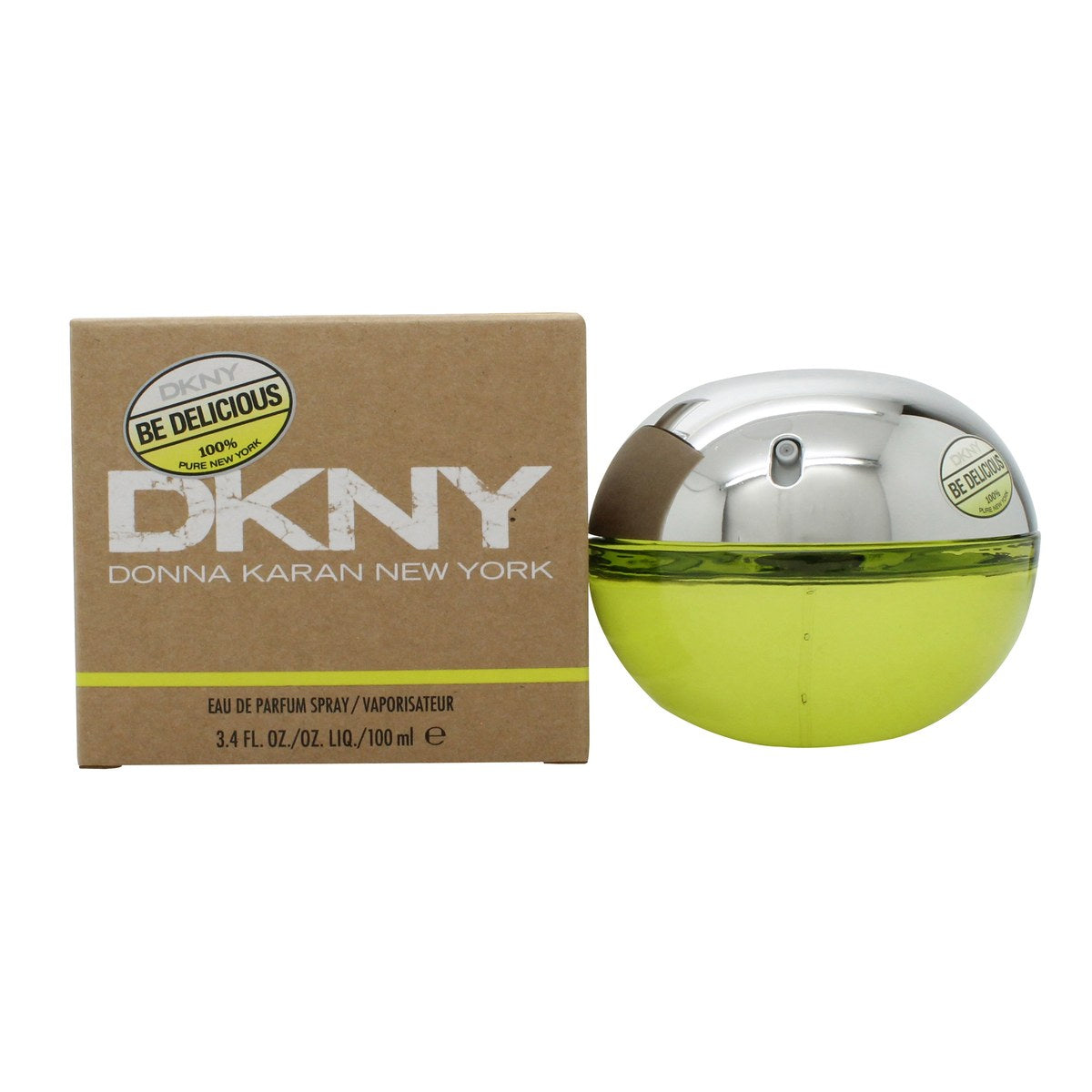 DKNY Be Delicious Eau de Parfum 100ml fra DKNY 100 ml – rund, æbleformet klar glasflaske med sølvfarvet låg