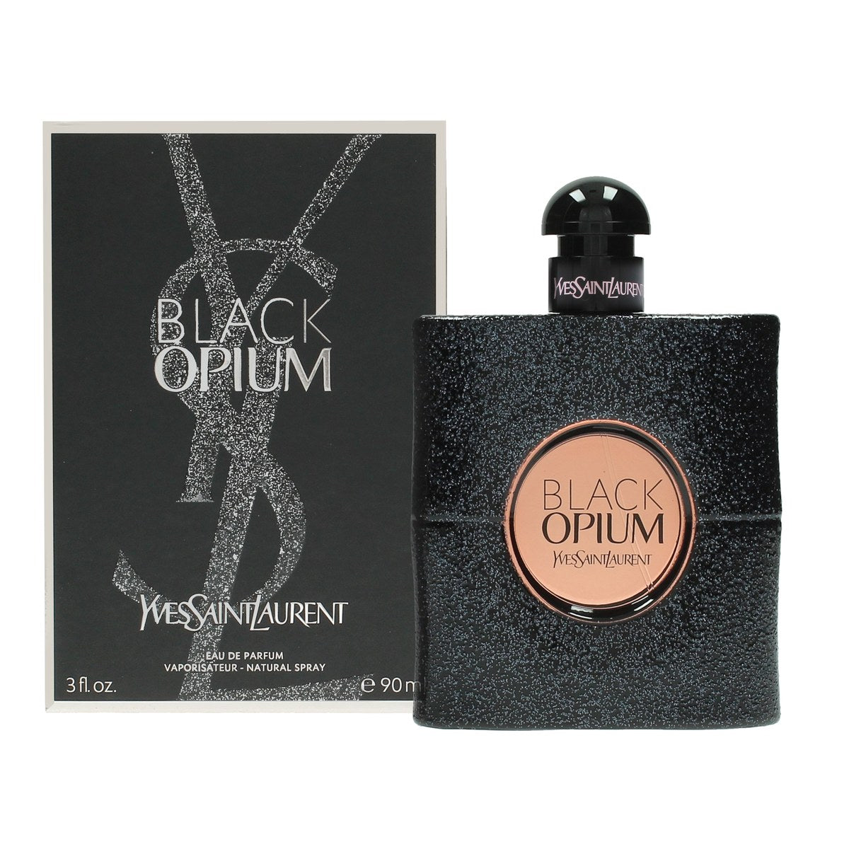 Yves Saint Laurent Black Opium Eau de Parfum, Yves Saint Laurent, 90 ml – sort glitterflakon med kurver og rosa logoetiket.