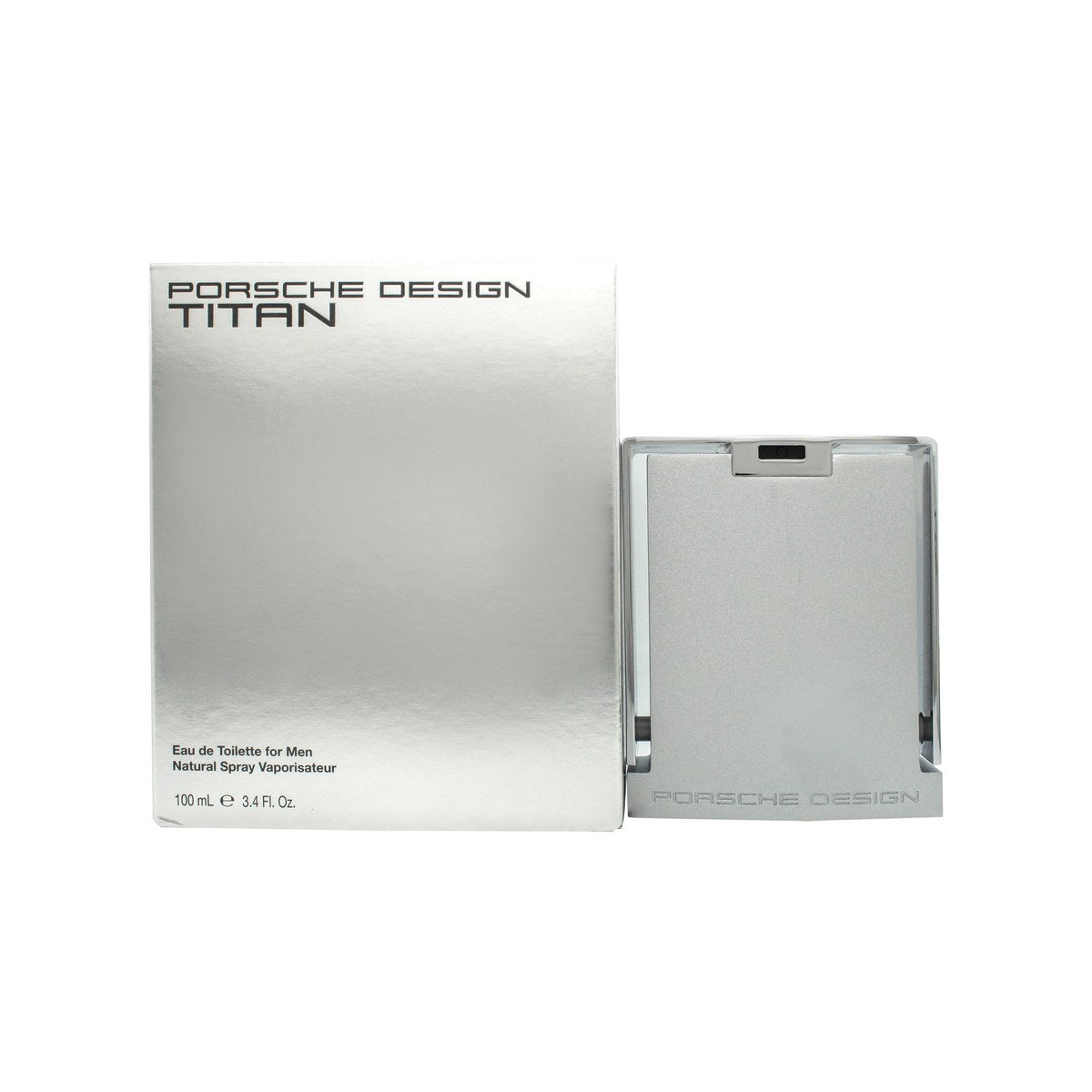 Porsche Design Porsche Titan Eau de Toilette 100ml, Porsche Design 100 ml, sølvgrå cylindrisk metalflaske med sort hætte.