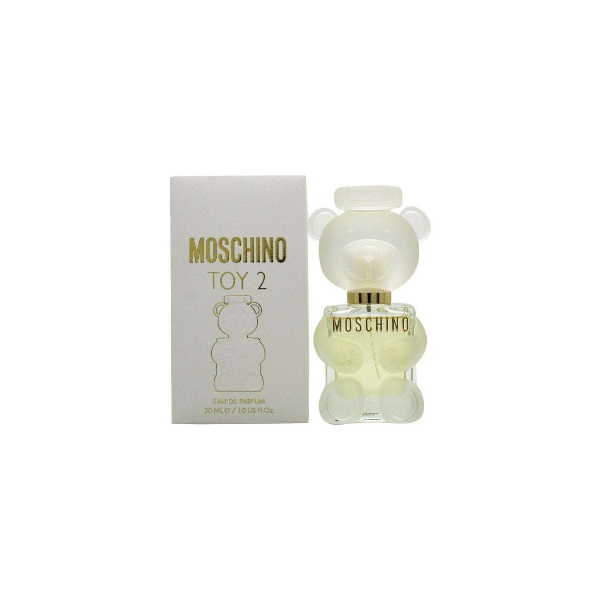 Toy 2 Eau De Parfum, Moschino, 30 ml – transparent glasflaske i bamseform med hvidt lakeret bjørnehoved som låg, legende