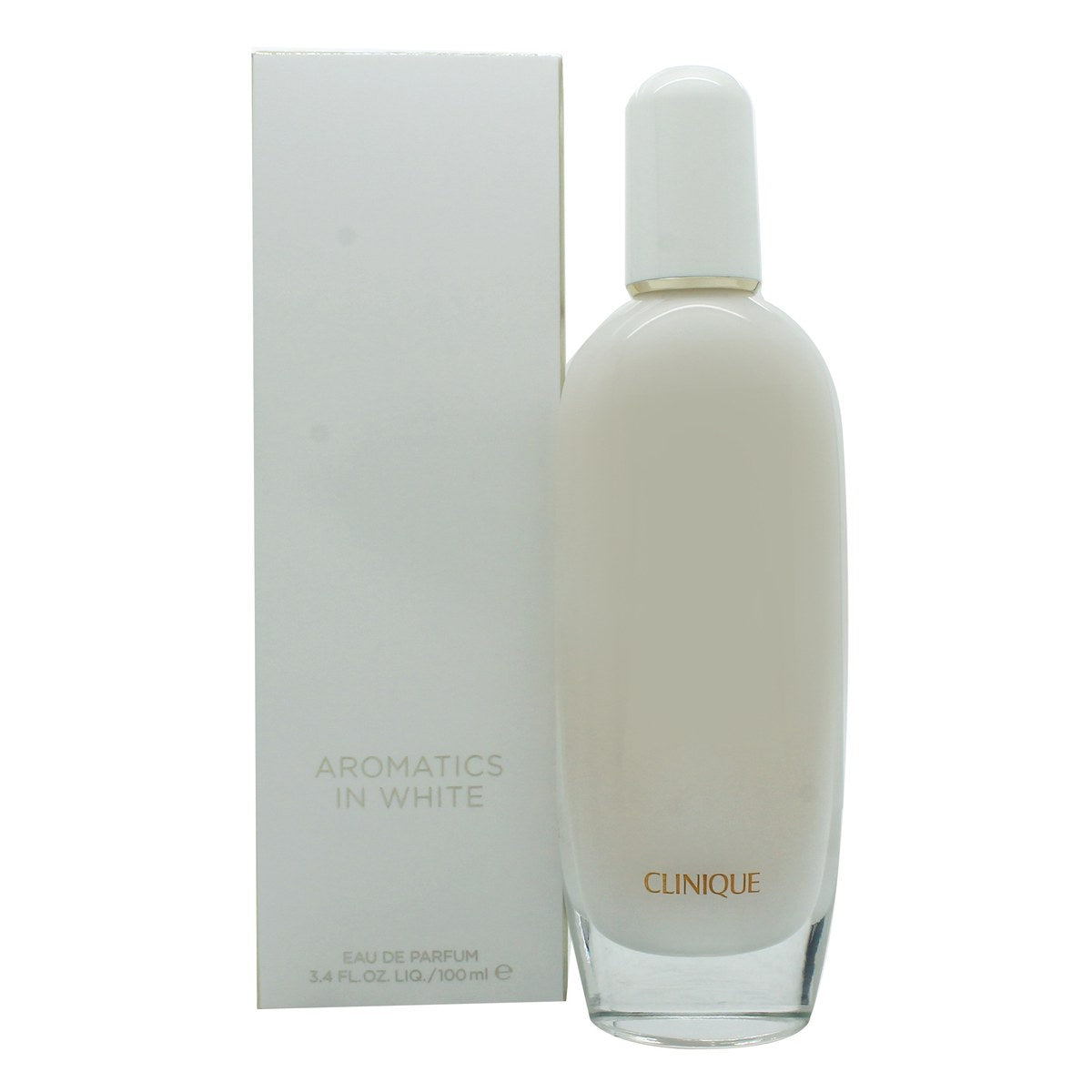 Clinique Aromatics in White Eau de Parfum 100 ml, Clinique – klar rektangulær glasflaske med gyldent låg og lys duftvæske