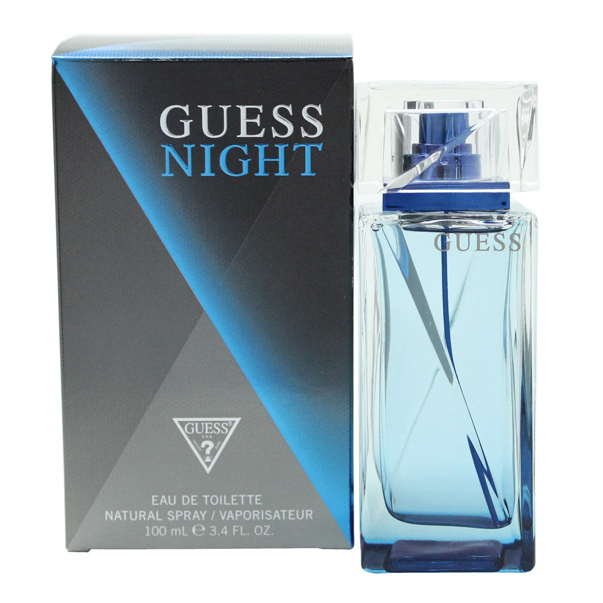 Guess Night Eau de Toilette 100ml fra Guess i 100 ml, mørkeblå rektangulær flakon med præget G-logo og sølvfarvet låg.
