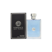 Versace Pour Homme Eau De Toilette Versace 200 ml i klar rektangulær flaske med lyseblå væske, sølvfarvet låg og Medusa‑logo