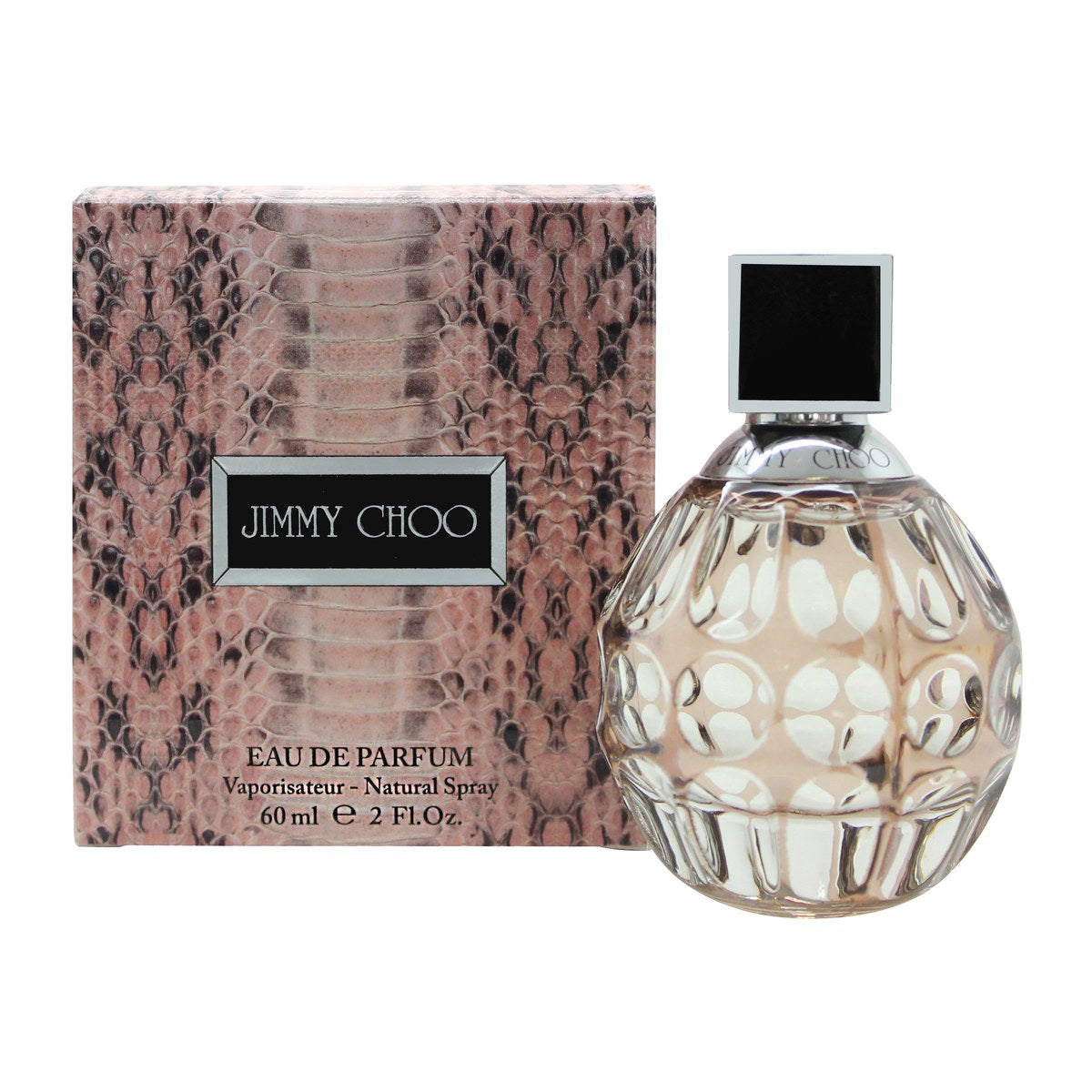 Jimmy Choo Eau de Parfum, Jimmy Choo, 60 ml – facetslebet glasflakon i rosa med firkantet sølvfarvet låg og sort logo