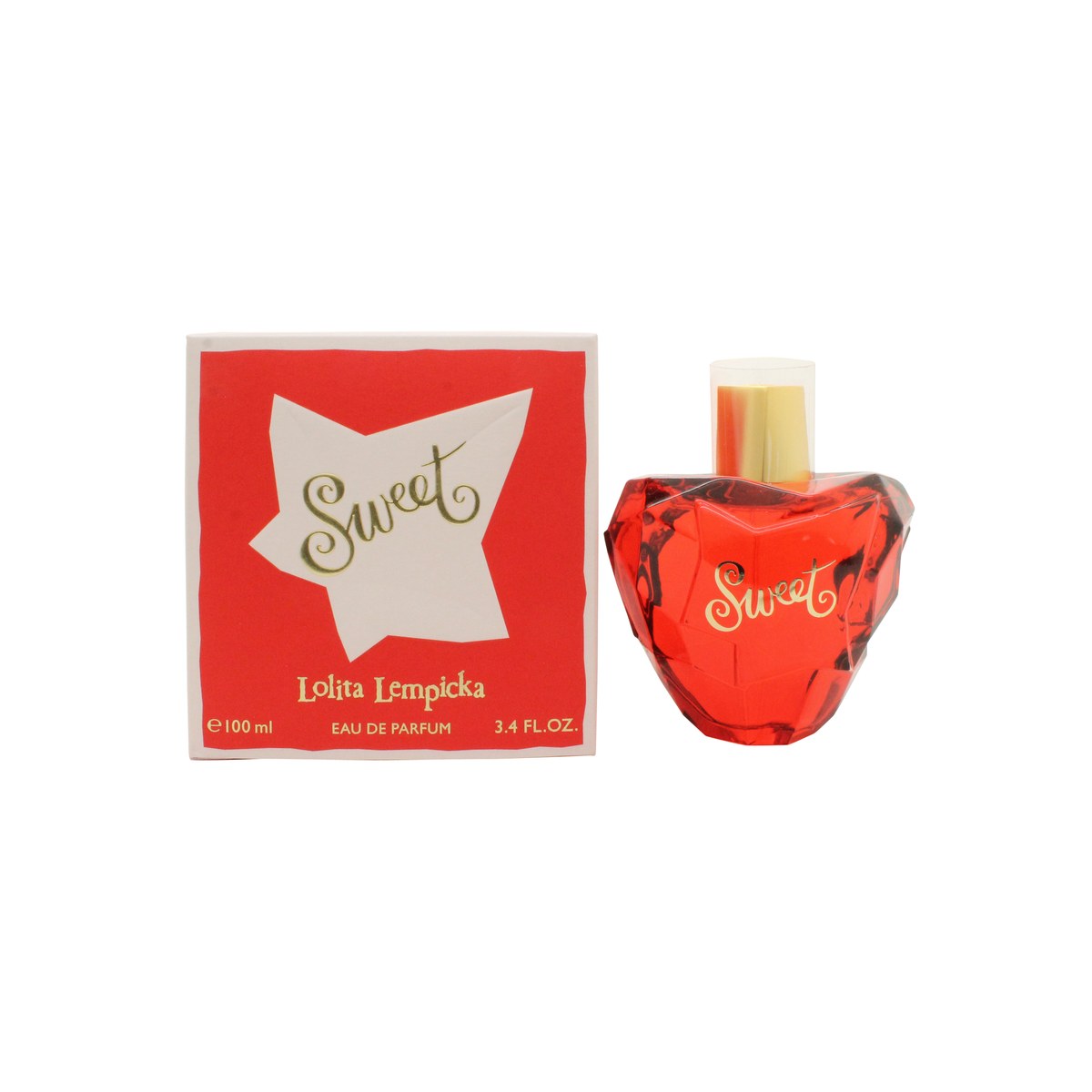 Sweet Eau De Parfum Lolita Lempicka 100 ml, klar glasflaske formet som rødt æble med gylden låg og hjerte med pil