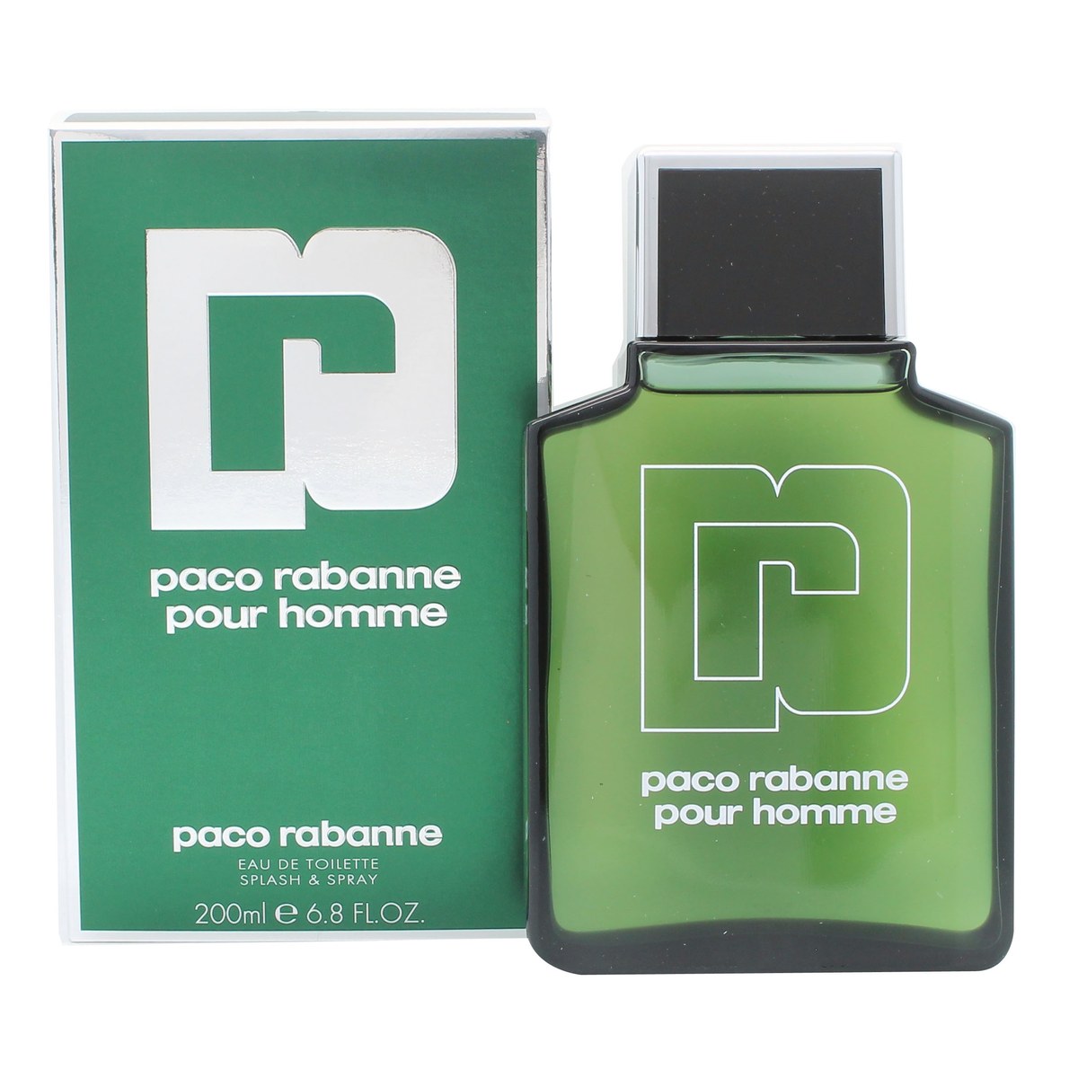 Paco Rabanne Pour Homme Eau De Toilette, Rabanne, 200 ml – grøn glasflakon med firkantet form og sølvfarvet låg