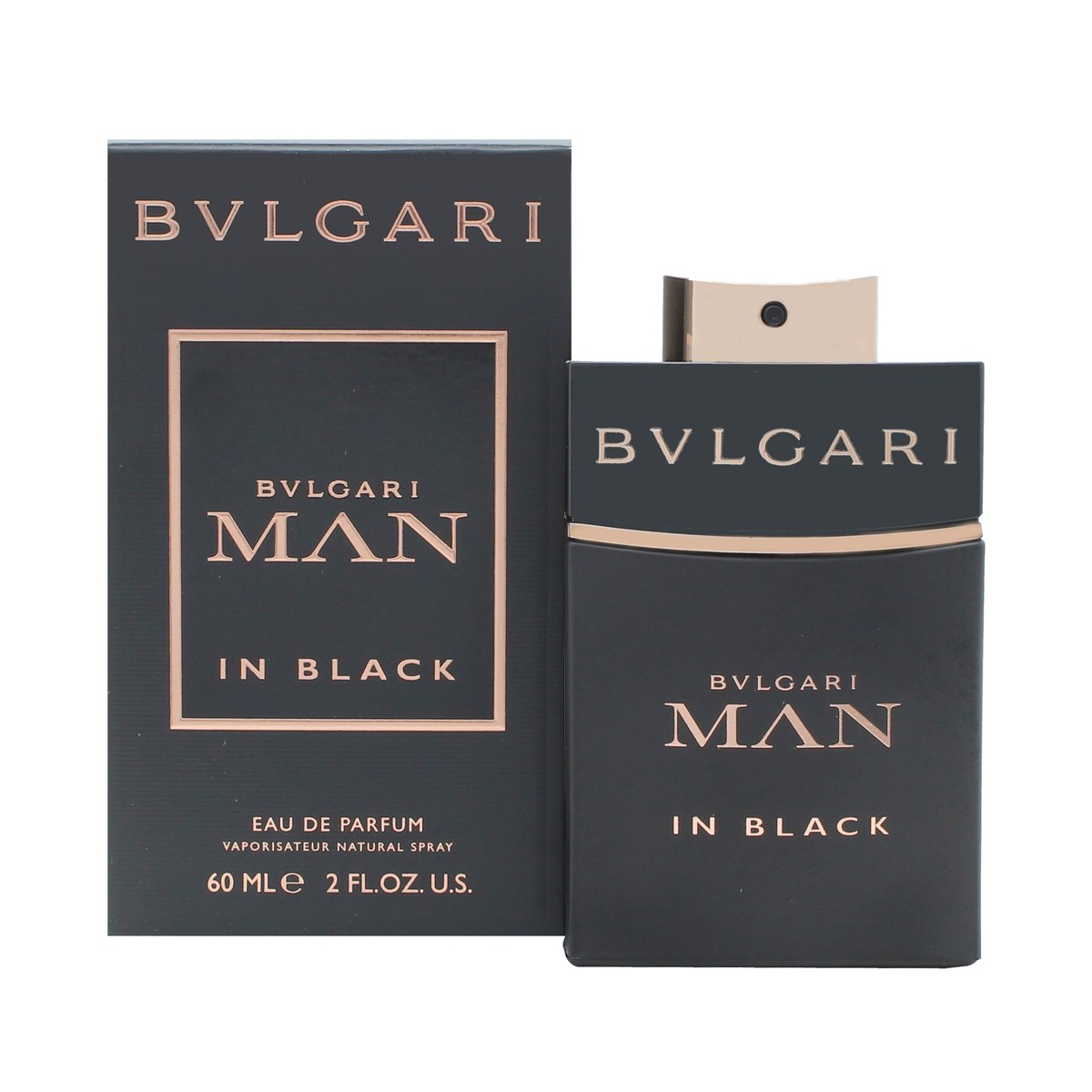 Bvlgari Man In Black Eau De Parfum, Bvlgari, 60 ml – sort rektangulær flaske med pinkgylden spray og elegant, mørkt design