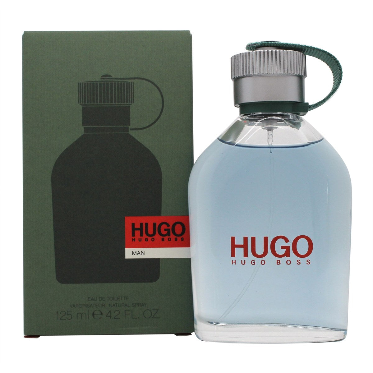 Hugo Eau De Toilette Hugo Boss 125 ml, klar grøn flaske i lommelærkeform med sort låg og minimalistisk etikette.