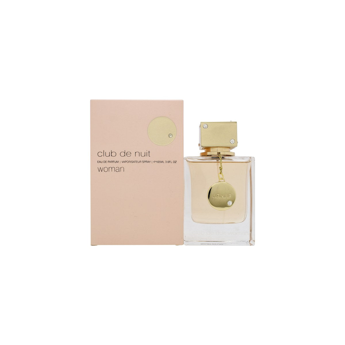 Club De Nuit Woman Eau De Parfum Armaf 105 ml, lyserød facetteret flaske med sølvfarvet låg og dekorativ kæde, blød stemning