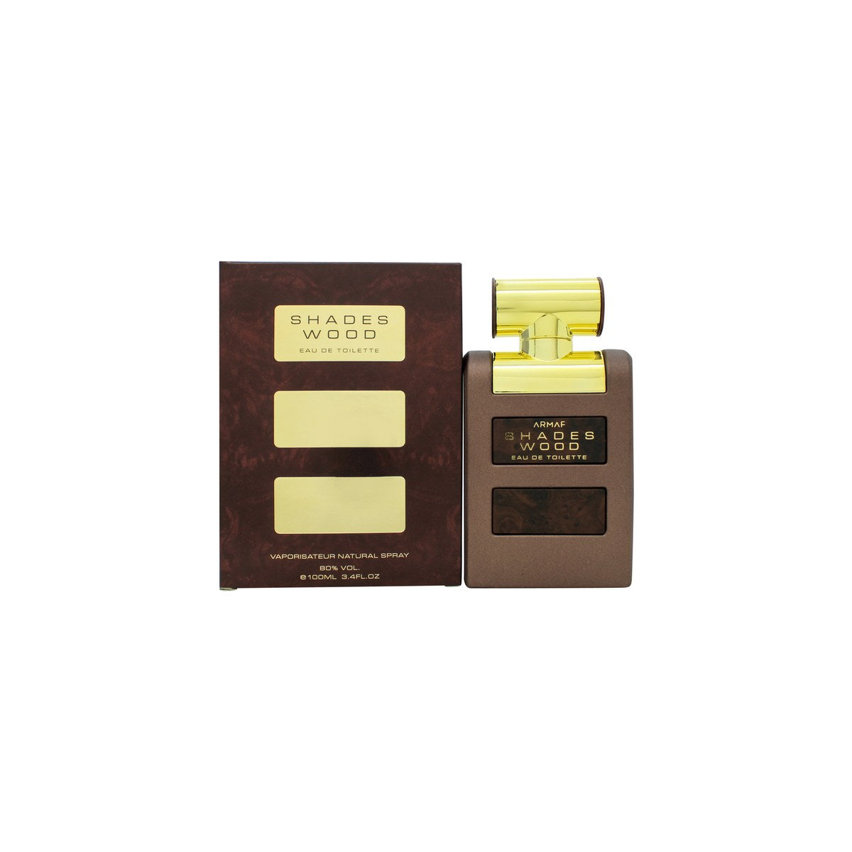 Armaf Shades Wood Eau de Toilette 100 ml fra Armaf i mørkebrun, rektangulær flaske med trælook og sølvfarvet låg.