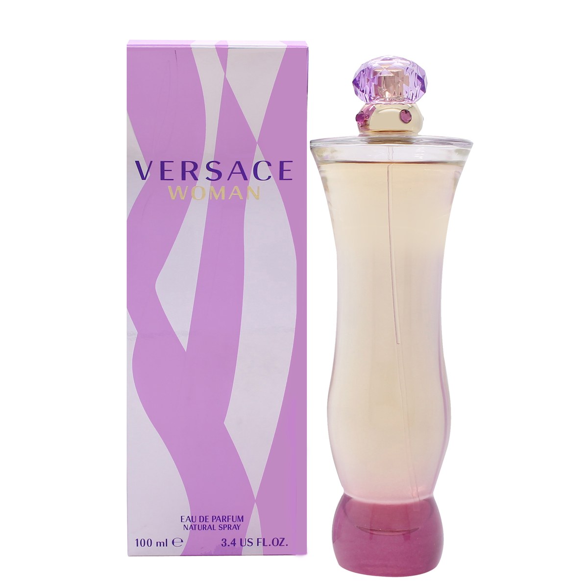 Versace Woman Eau de Parfum 100ml – Versace 100 ml i klar, buet glasflakon med lilla parfume og sølvlåg