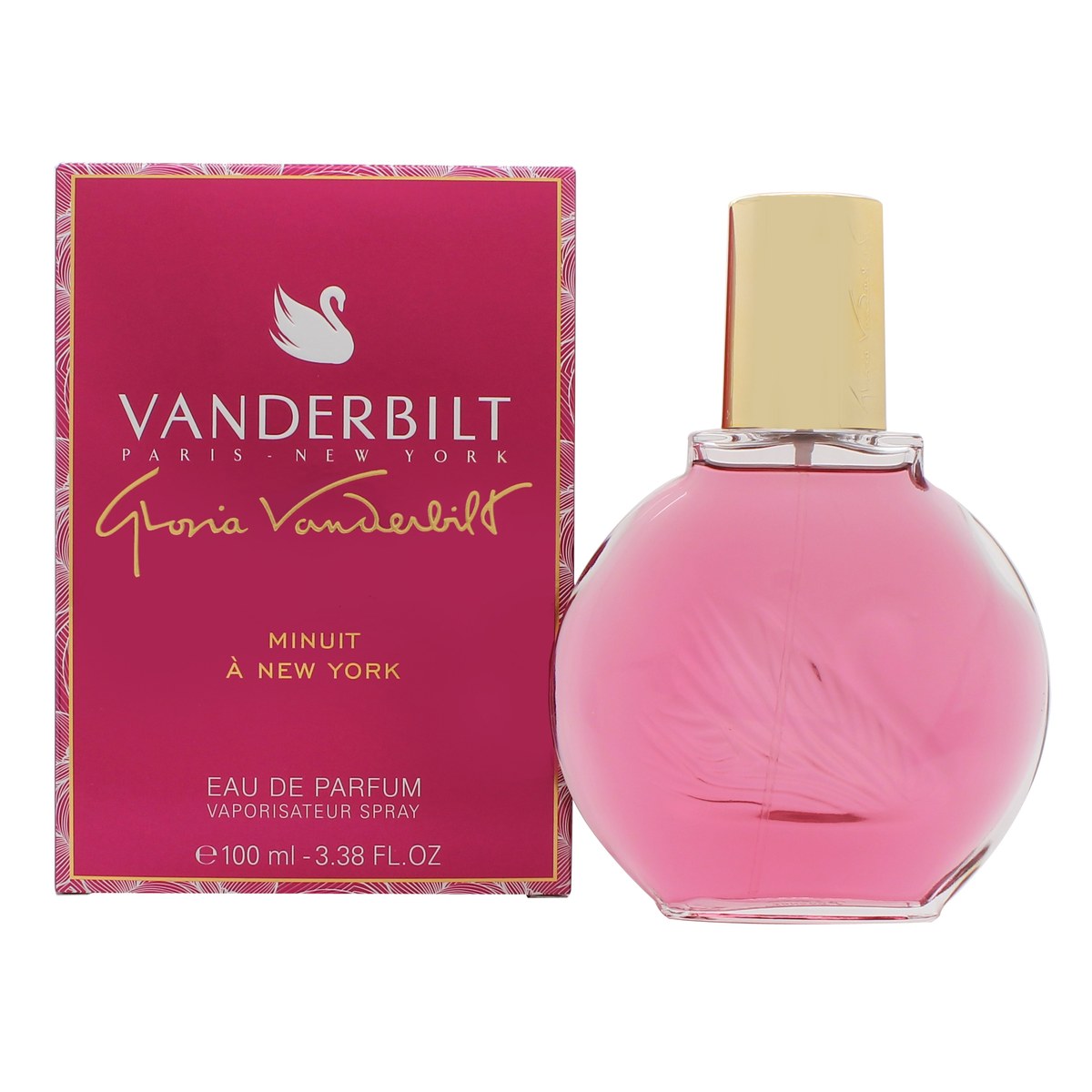 Gloria Vanderbilt Minuit à New York Eau de Parfum 100 ml, mørkeblå firkantet flakon med guldkant og svanelogo.